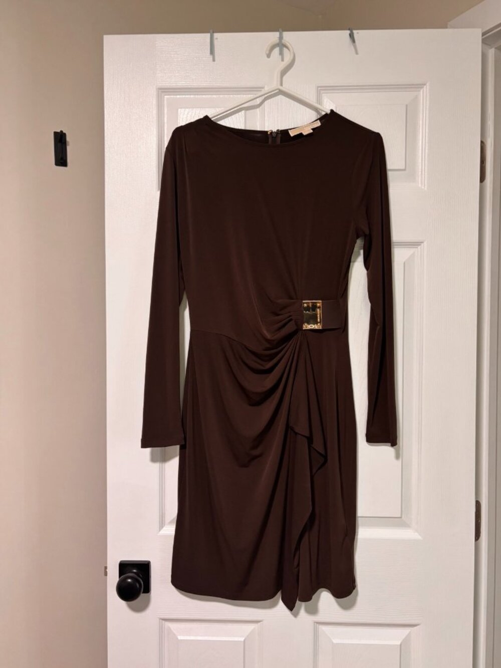 Michael Kors Brown Ruched Long Sleeve Dress with Gold Hardware Detail (Medium)